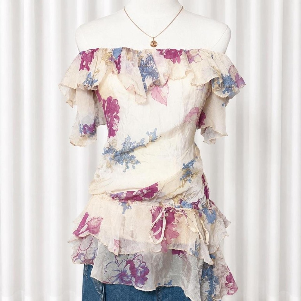 Y2K Sheer Silk Floral Off Shoulder Top 🌸